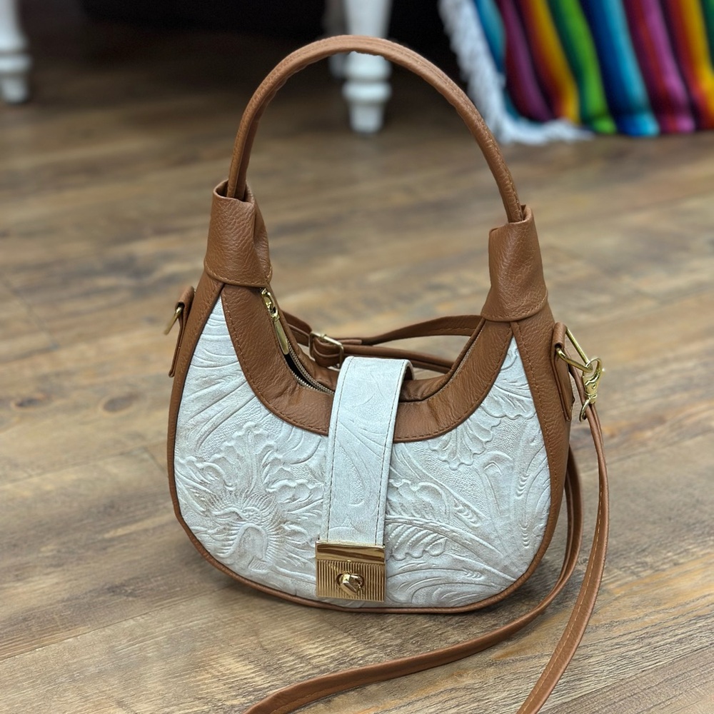 Women’s Two-Tone Tan and White Floral Embossed Leather Shoulder Bag